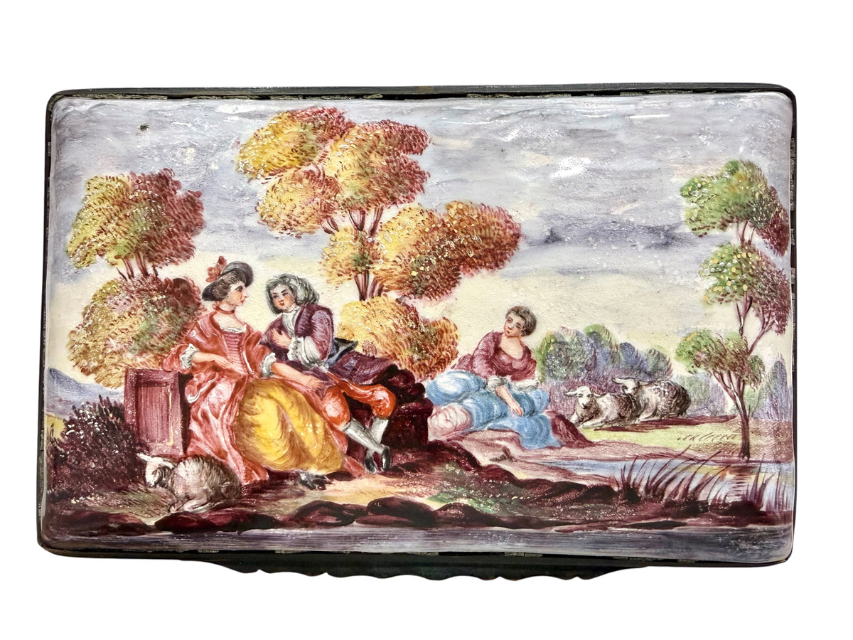 Fine late 18th Century Large Enamel Box, Figural and Landscape Scene.