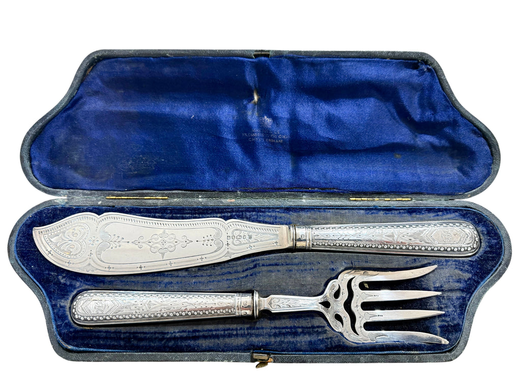 Pair of Victorian Sterling Silver Boxed Fish Servers, Sheffield 1865.