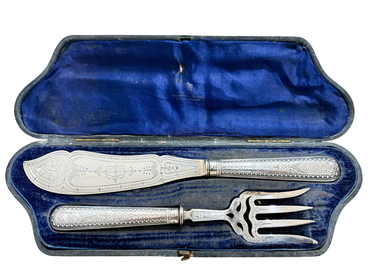 Pair of Victorian Sterling Silver Boxed Fish Servers, Sheffield 1865.