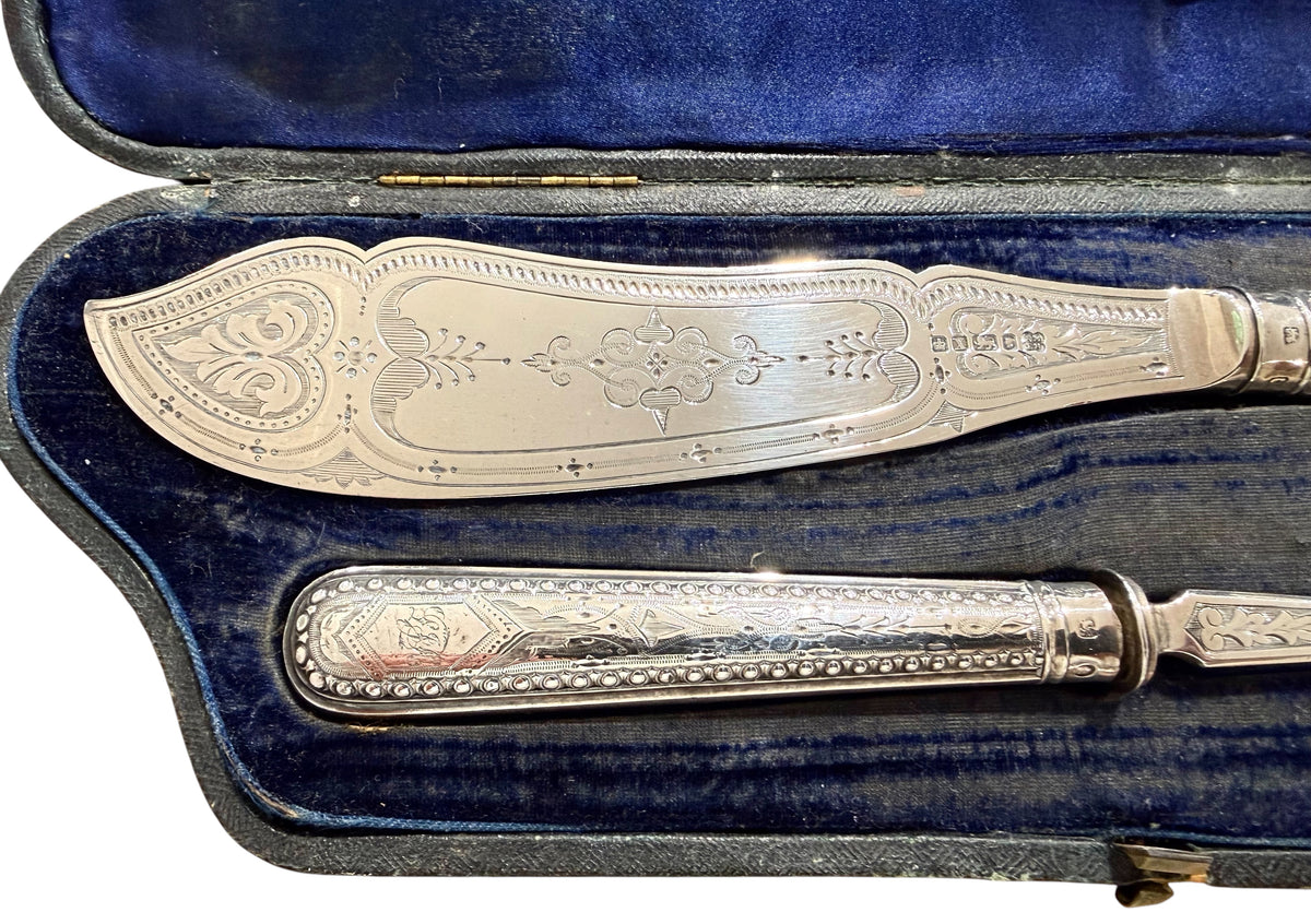 Pair of Victorian Sterling Silver Boxed Fish Servers, Sheffield 1865.