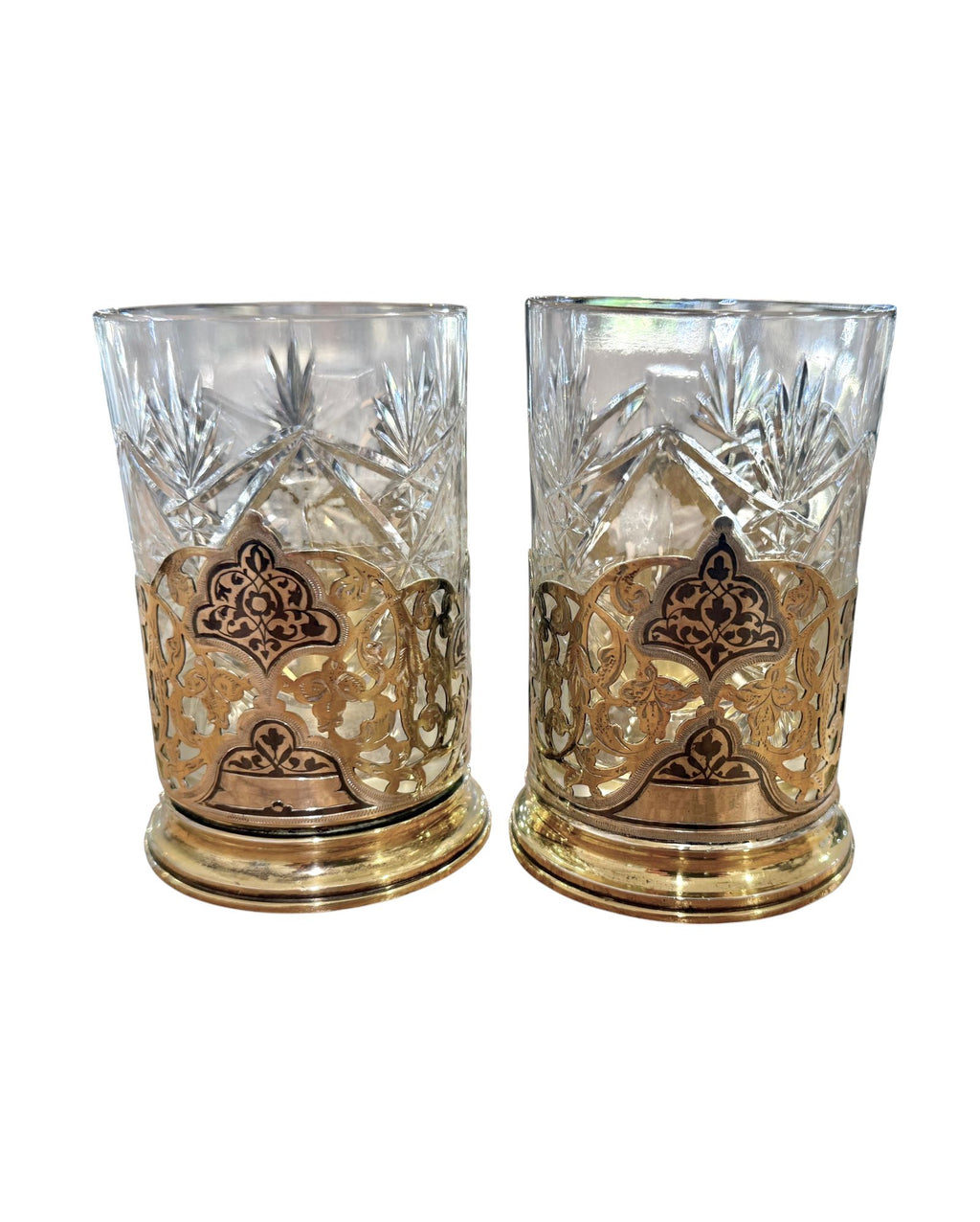 Pair of Russian Soviet Era Silver Gilt and Niello Tea Glass Holders.