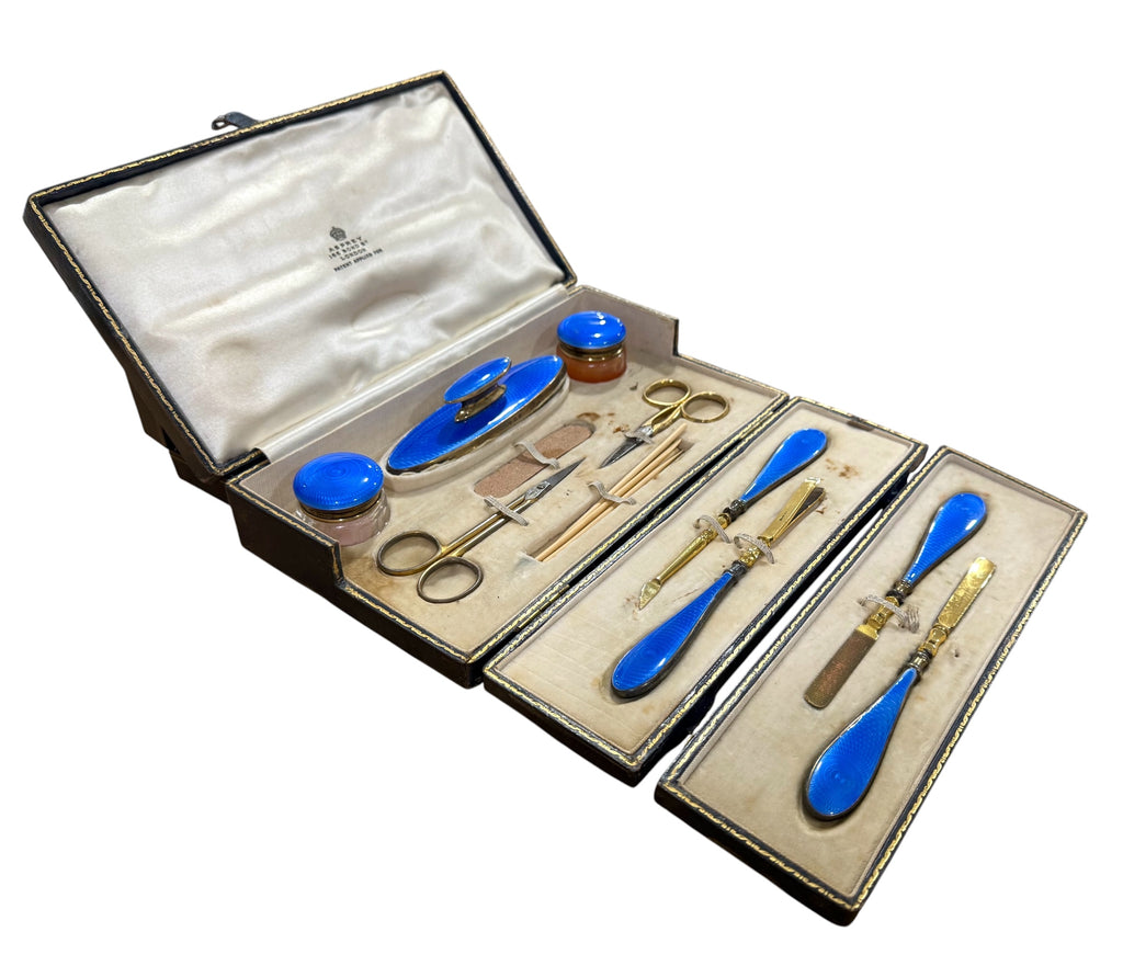 Beautiful Blue Enamel and Silver ASPREY Vanity Set 1929
