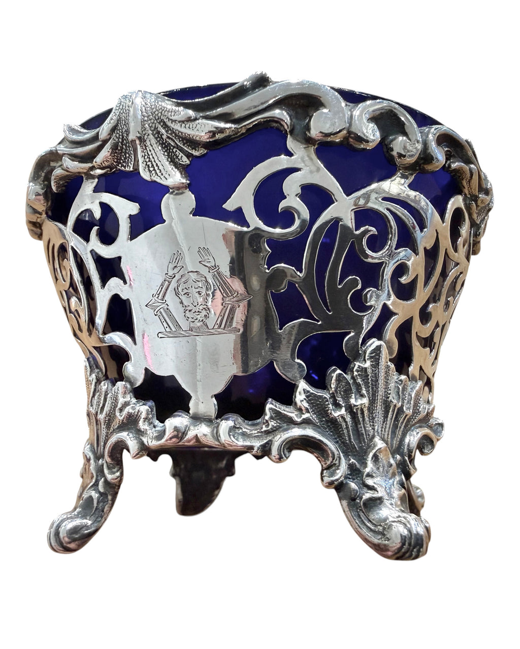 Early Victorian Sterling Silver Pierced Basket With Bristol Blue Liner. London 1844. Reily & Storer.